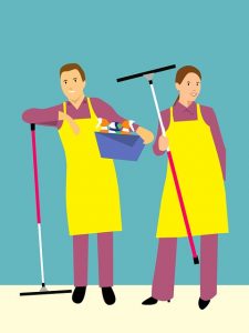Image is an illustration of two people holding cleaning gear getting ready to clean a home.