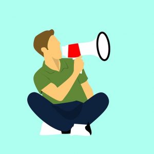 Image is an illustration of a man sitting crossed legged holding a megaphone.