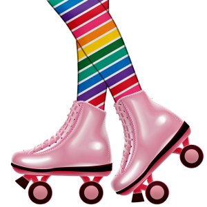 Image is an illustration of a pair of legs in rainbow tights with pink roller skates on.