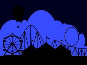Image is a cartoon of the silhouette of a carnival in black against a blue sky.