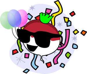 Image is a cartoon of a balloon in sunglasses throwing a party.