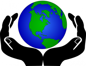 Image is a drawing of the earth being held within two black hands.