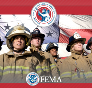 Image is a picture of Firefighters with a FEMA seal and flag as the background.