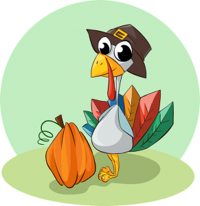 Image is a cartoon turkey wearing a pilgrim's hat standing next to a pumpkin.