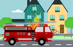 Image is a cartoon of a fire truck at a house that is on fire.