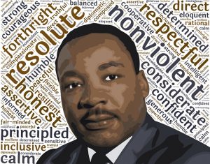 Image is a picture of Dr. Martin Luther King Jr surrounded by words denoting his leadership skills.