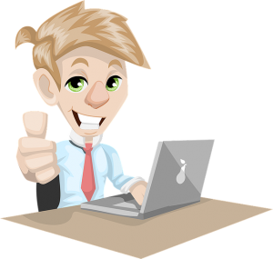 Image is a cartoon drawing of a smiling man sitting at a laptop doing a thumbs up.