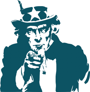 Image is a drawing of Uncle Sam in blue against a white background.