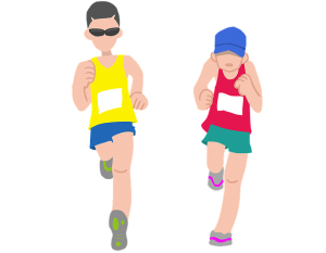 Image is a cartoon of two people running in a race.