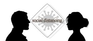 Image is an illustration of a man and woman kept a part by the words social distancing.