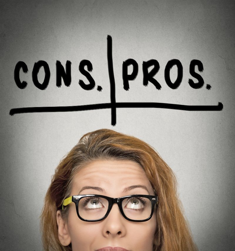 pros and cons for and against argument concept thinking young business woman